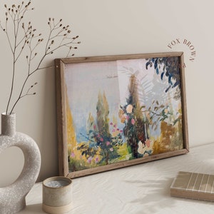 Abstract Landscape Oil Print, Vintage Colorful Painting of Blooming Garden