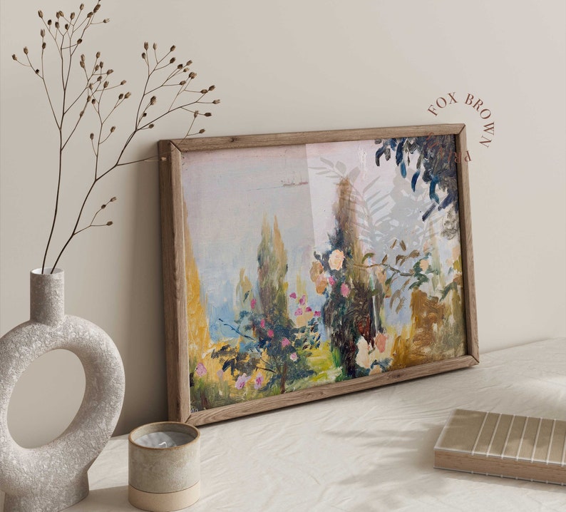 Abstract Landscape Oil Print, Vintage Colorful Painting of Blooming Garden