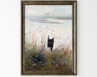 Chat noir dans l'impression d'art d'herbe, impression animale vintage, illustration d'art de chat mignon, chat dans l'impression de mur de prairie de fleur, chat 22