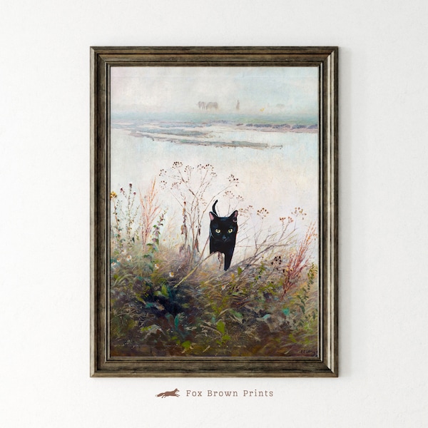 Black Cat in grass art print, Vintage animal print, Cute Cat art illustration, Cat in flower meadow wall print, cat 22