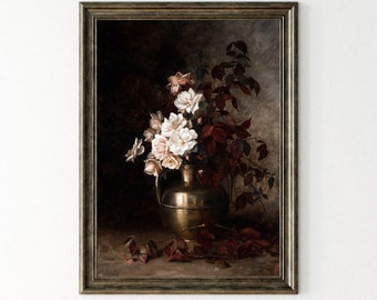Antique Roses Painting: Moody Botanical Art Print (Digital Download)