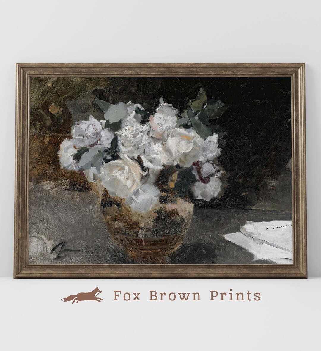 Antique White Rose Still Life Print: Moody Floral Oil Painting (digital ...
