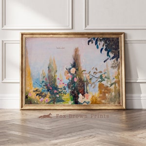 Peut inclure: Une peinture repr&eacute;sentant une sc&egrave;ne de jardin avec des arbres, des fleurs et un ciel bleu clair. Les fleurs sont roses et blanches, et les arbres sont verts. La peinture est encadr&eacute;e dans un cadre dor&eacute;.