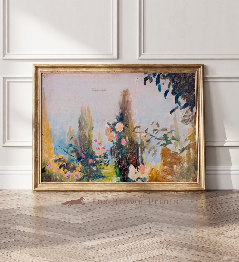 Peut inclure: Une peinture repr&eacute;sentant une sc&egrave;ne de jardin avec des arbres, des fleurs et un ciel bleu clair. Les fleurs sont roses et blanches, et les arbres sont verts. La peinture est encadr&eacute;e dans un cadre dor&eacute;.