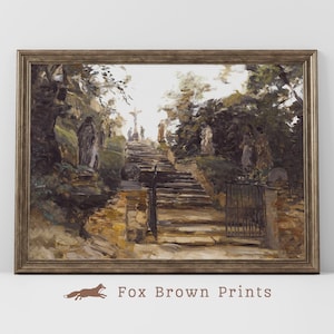 May include: A painting of a stone staircase leading up to a gate in a garden. The staircase is surrounded by trees and bushes, and there are statues of people on either side of the path. The painting is done in a realistic style, with a focus on the details of the stonework and the foliage.