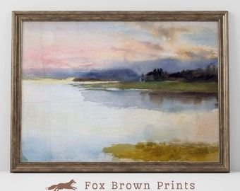 Lake Landscape Art in Watercolor, Water sunset print, Forest Lake INSTANT DOWNLOAD, Print of Lake | 1016