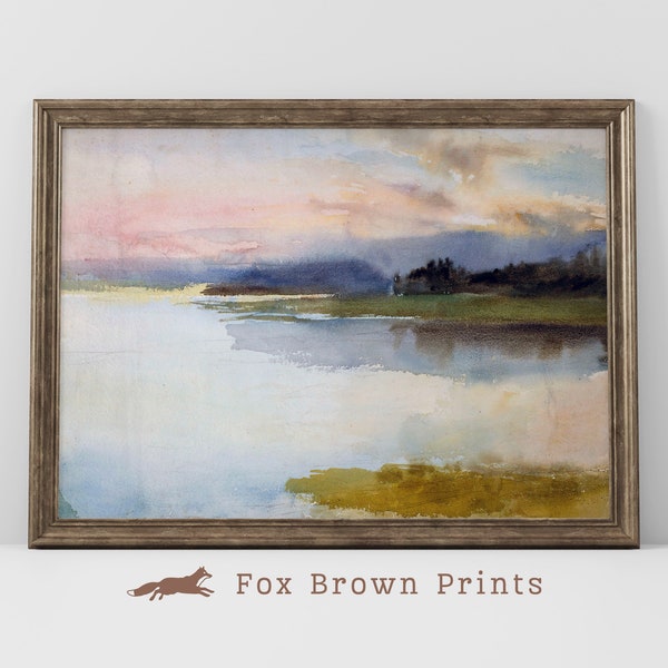 Lake Landscape Art in Watercolor, Water sunset print, Forest Lake INSTANT DOWNLOAD, Print of Lake | 1016