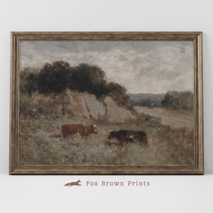 Cows Grazing In meadow, Farmhouse Animal Vintage Print, Cottage Country Landscape Farmyard Animal Print,