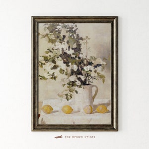 Original oil Painting Still life White Flowers, Vintage Cream Wall Art Printable, Lemon Floral Vintage Antique Painting, Fine Art Antique