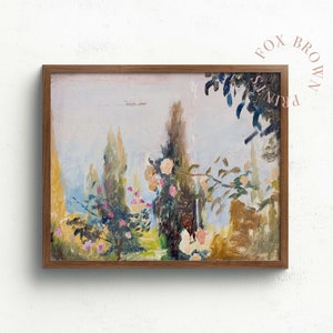 Abstract Landscape Oil Print, Vintage Colorful Painting of Blooming Garden