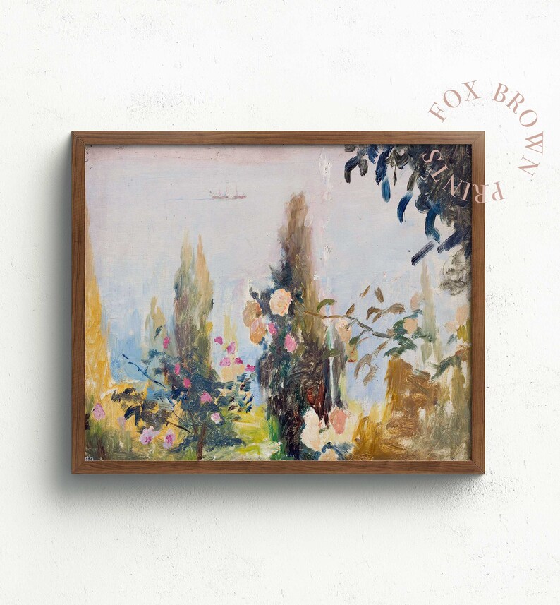 Abstract Landscape Oil Print, Vintage Colorful Painting of Blooming Garden