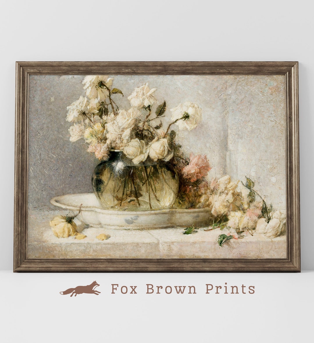Vintage Rose Oil Painting Art Print: Moody Floral Still Life (digital ...
