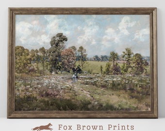 Könnte beinhalten: Ein Vintage-Gemälde, das eine ländliche Landschaft mit einem Feldweg zeigt, der durch ein Feld mit Wildblumen führt. Das Gemälde zeigt einen bewölkten Himmel, grüne Bäume und einen Blick auf einen Hügel in der Ferne.