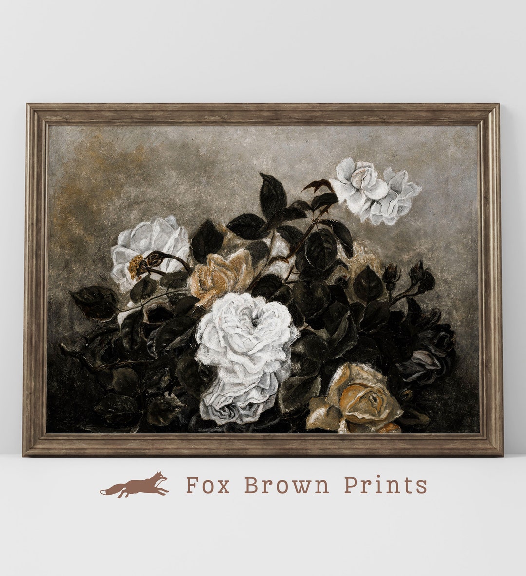 Antique White Rose Painting: Moody Floral Still Life Print (digital ...