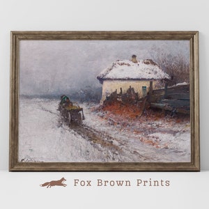 Winter Cottage Print with Cart and horses, Vintage Snowy landscape print | 1038