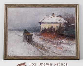 Winter Cottage Print with Cart and horses, Vintage Snowy landscape print | 1038