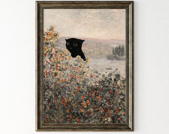 Funny Black Cat Vintage Art Print: Pet Portrait (Digital Download)