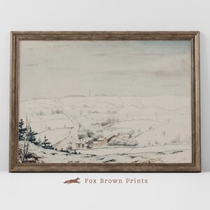 Rustic Country Christmas Landscape, Winter Vintage Scenic Print, Winter Village Painting, Snowy Fields in Winter Landscape,