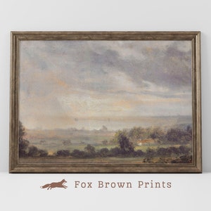 Vintage Farmhouse Landscape Print, Muted Countryside Painting, Oil wall art decor | 1034