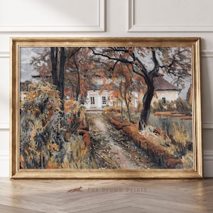 Weißes Bauernhaus Herbst Malerei, Herbst Blätter weiße Haus Malerei, Cottage Wand Malerei, Saison Herbst Farbe Ölgemälde, Herbst Landschaft
