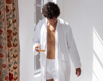 Robe de chambre blanche pour homme | léger, confortable et ultra-doux pour homme | Peignoir fait main | 100 % coton biologique