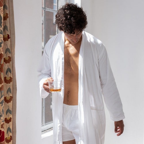 White Dressing Gown for Men 100 Organic Cotton Light Cozy Etsy