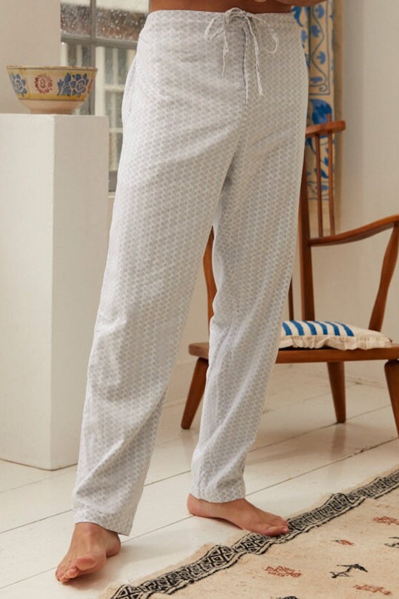 Lounge Pants bas de pyjama pour homme léger, ample et exceptionnellement doux, coton Blanc brindille bleue 100 % coton biologique image 1