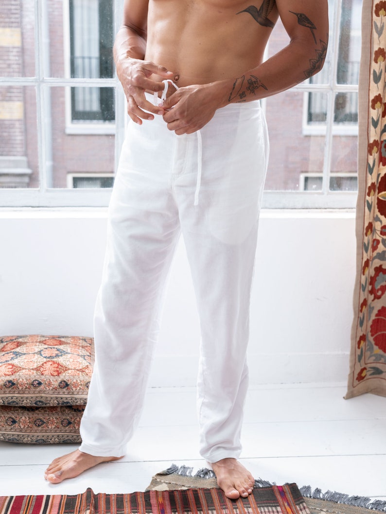 Pantalon de survêtement Blanc bas de pyjama pour homme léger, ample et exceptionnellement doux, en coton 100 % coton biologique image 3