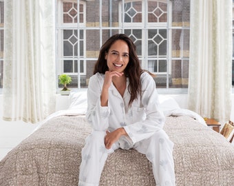 Pyjama pour femme - Imprimé palmiers | Vêtements de nuit de luxe faits main, légers et ultra-doux | 100 % coton biologique