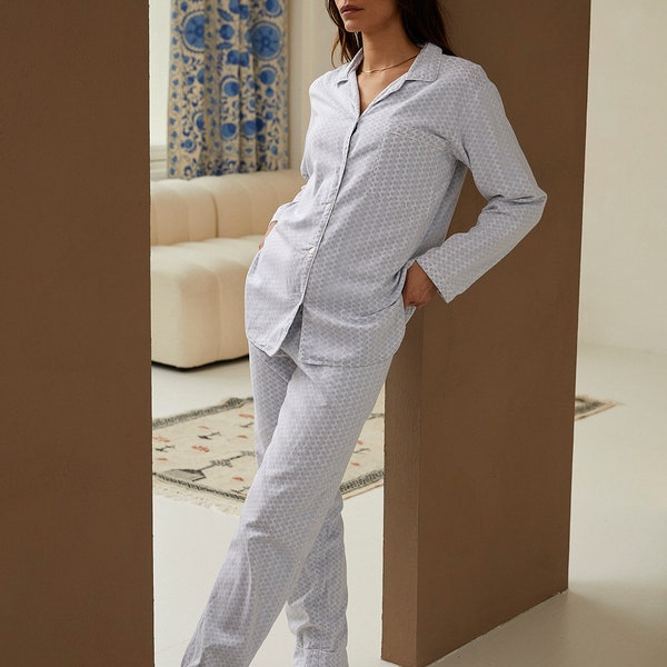 Pyjama pour femme - Bleu brindille | vêtements de nuit de qualité supérieure, faits main et pyjama ultradoux | 100 % coton biologique