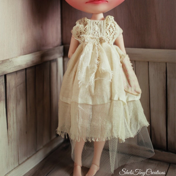 RESERVED For L***E - Antique Dress For Blythe - Aged Blythe dress, tea stained, vintage looking dress, shabby chic