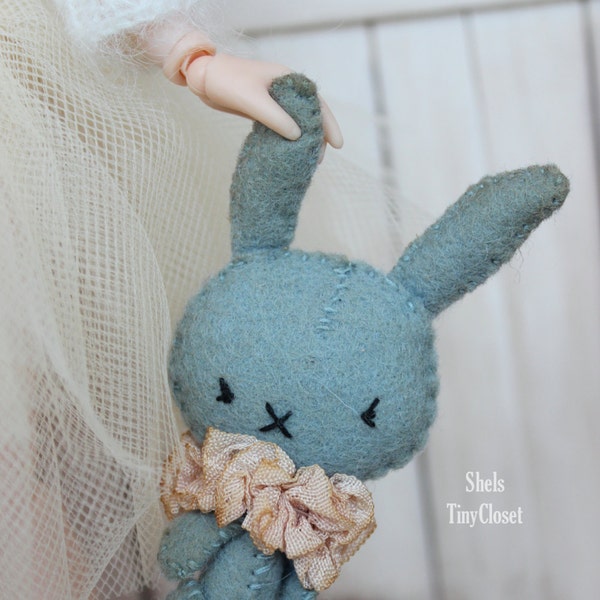 Tatty Bunny - Handmade, aged bunny for dolls, tea stained, coffee stained, miniature bunny, doll toy, felt bunny, miniature rabbit