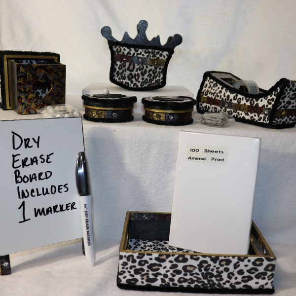 Animal Print Desk Set Tape Dispenser Pen Box Pencil Caddy Note Paper Box DryErase Easel Push Pin Caddy Paperclip Organizer Desk Accessories