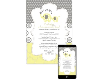 Baby Shower Elephant Taupe Grey and Yellow Themed Invite