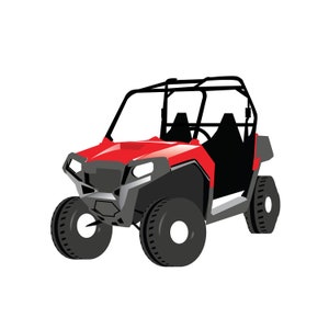 May include: A red off-road vehicle with a black roll cage and black wheels.