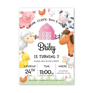 Oink Cluck Baa Moo, This is 2! Farm Animals 2nd Birthday Invite