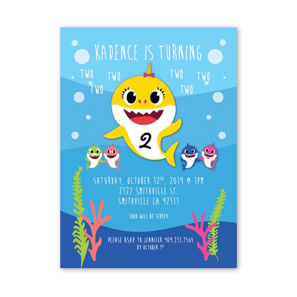 Baby Shark Birthday Invitation for Birthday - Display is for a 2 Year Old