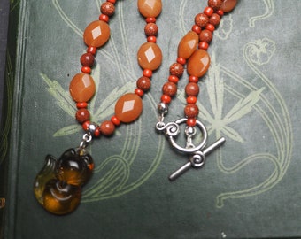 Red Fox Necklace with Red Aventurine & Goldstone - Cunning, Trickster - Pagan, Witchcraft, gemstone