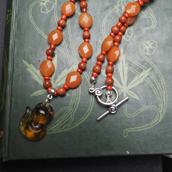 Red Fox Necklace with Red Aventurine & Goldstone - Cunning, Trickster - Pagan, Witchcraft, gemstone
