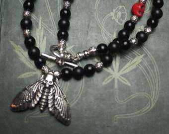 Death Head Moth Necklace - Upcycled Black Onyx, Glass, Skulls & Pentagrams - Witchcraft, Gothic