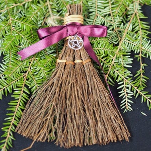 Small Cinnamon Broom or Besom with Pentagram & Plum Ribbon - Yule Tree Ornament -  Pagan, Wicca, Witchcraft, Pentacle, Cleansing, Altar