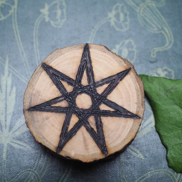 English Apple Wood Altar Piece or Amulet - Pagan, Wiccan, Witchcraft, septagram, elven star, pyrography