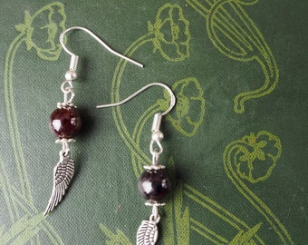 Raven gemstone  Wing & Garnet Earrings Pagan, Wicca, Witchcraft, sterling silver