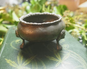 Antique Pewter Mini Cauldron for a Pagan or Wiccan Altar - Witchcraft Lion's Head