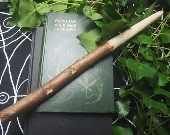 May include: A handcrafted wooden wand with a natural, rustic appearance. The wand features a dark brown, textured handle and a smooth, light-colored tip. It rests on a vintage green book with the title "Familiar Wild Flowers". Green leaves surround the wand and book.