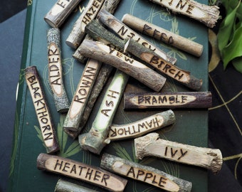 20 Celtic Tree Ogham Staves With Tree Names made on Corresponding Woods - Pagan, Wicca, Druid, Druidry, Witchcraft,