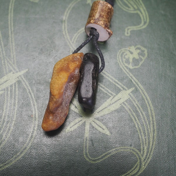 Baltic Amber, Whitby Jet  & Hazel Wood Witches Pendant  - Pagan, Wicca, Ritual, Magic - Organic, Lignite Jet