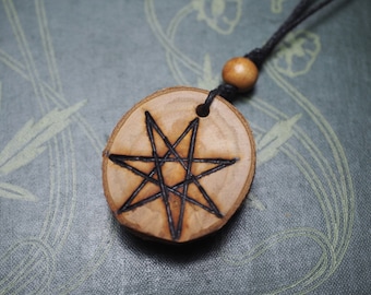 Wild Cherry Wood Fairy Star pendant - Love & Passion - Wiccan, Witchcraft, Pagan, Septagram, 7 pointed star