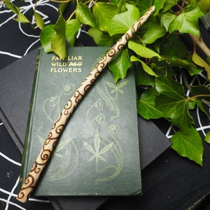 English Ash Wood - Painted Leaf and Spiral Wand - The World Tree- with Bag - for Pagans, Wiccans, Witchcraft