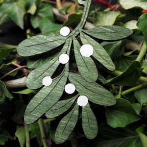 May include: A green wooden mistletoe sprig with white painted berries. The sprig is hanging from a red string.